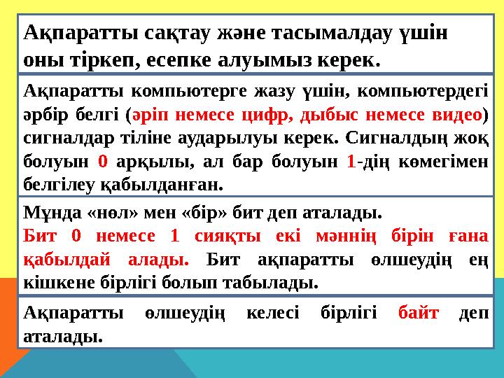 Ақпаратты сақтау және тасымалдау үшін оны тіркеп, есепке алуымыз керек. Ақпаратты компьютерге жазу үшін, компьютердегі әр