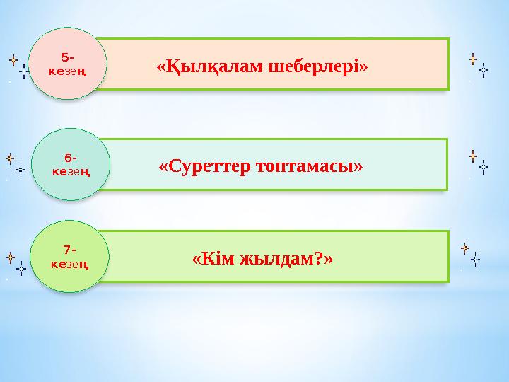 «Кім жылдам?» «Суреттер топтамасы» «Қылқалам шеберлері» 5- ке зе ң 6- ке зе ң 7- ке зе ң