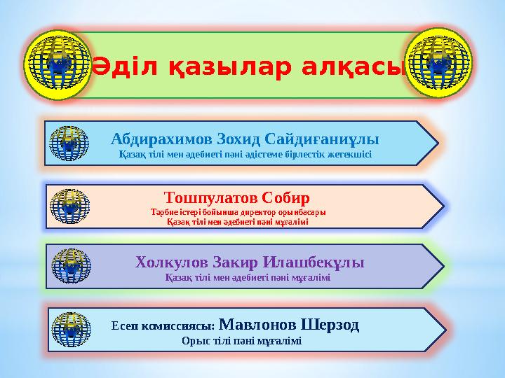 Әділ қазылар алқасы: Абдирахимов Зохид Сайдиғаниұлы Қазақ тілі мен әдебиеті пәні әдістеме бірлестік жетекшіс