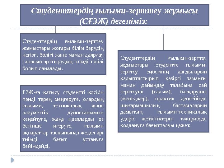 Студенттердің ғылыми-зерттеу жұмысы (СҒЗЖ) дегеніміз: Студенттердің ғылыми-зерттеу жұмыстары жоғары білім берудің негізгі б