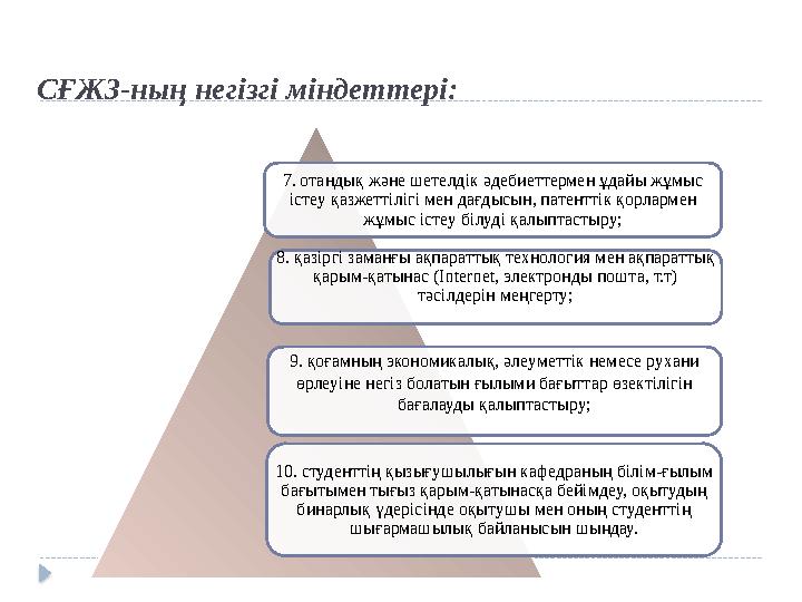 СҒЖЗ-ның негізгі міндеттері: 7. отандық және шетелдік әдебиеттермен ұдайы жұмыс істеу қазжеттілігі мен дағдысын, патенттік қор