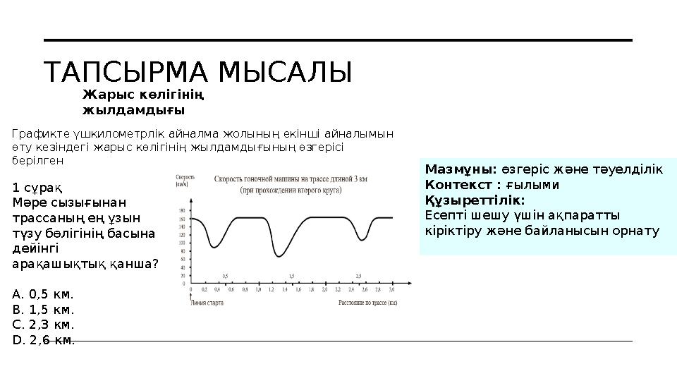 ТАПСЫРМА МЫСАЛЫ Жарыс көлігінің жылдамдығы Мазмұны: өзгеріс және тәуелділік Контекст : ғылыми Құзыреттілік: Есепті шешу үшін