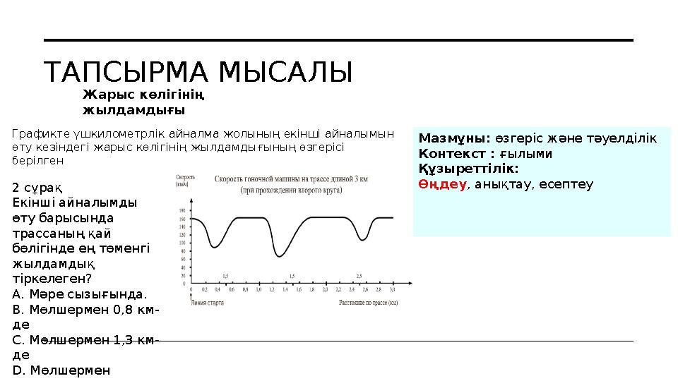 ТАПСЫРМА МЫСАЛЫ Жарыс көлігінің жылдамдығы Мазмұны: өзгеріс және тәуелділік Контекст : ғылыми Құзыреттілік: Өңдеу , анықтау,