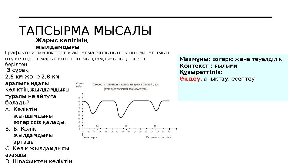 ТАПСЫРМА МЫСАЛЫ Жарыс көлігінің жылдамдығы Мазмұны: өзгеріс және тәуелділік Контекст : ғылыми Құзыреттілік: Өңдеу , анықтау,