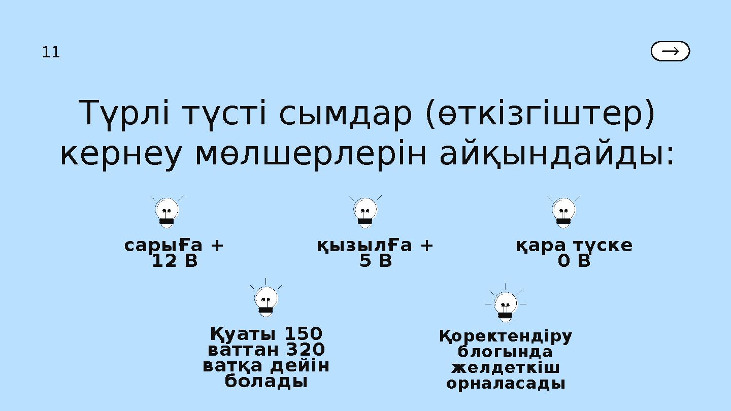 сарыҒа + 12 ВТүрлі түсті сымдар (өткізгіштер) кернеу мөлшерлерін айқындайды:11 қара түске 0 ВқызылҒа + 5 В Қуаты 150 ваттан