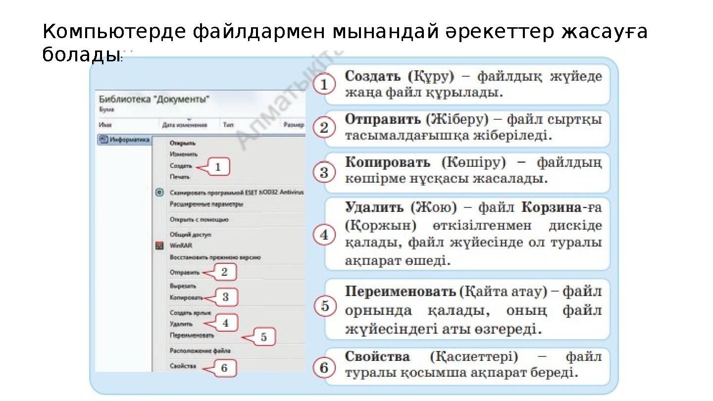 Компьютерде файлдармен мынандай әрекеттер жасауға болады :