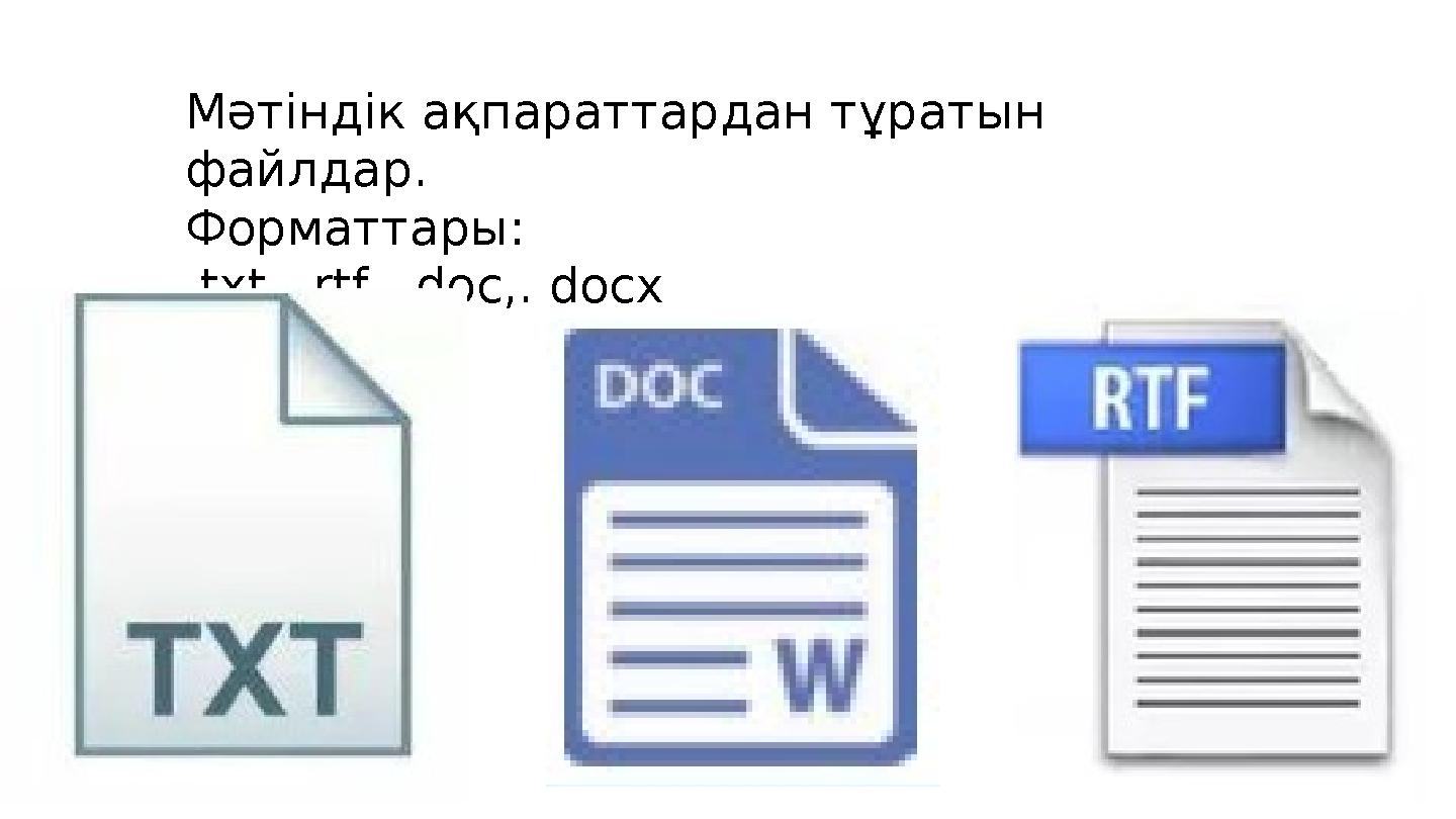 Мәтіндік ақпараттардан тұратын файлдар. Форматтары: . txt,. rtf,. doc,. docx