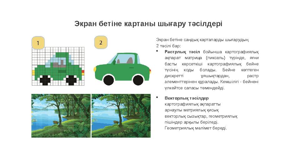 Экран бетіне картаны шығару тәсілдері Экран бетіне сандық карталарды шығарудың 2 тәсілі бар:  Растрлық тәсіл бойынша карт