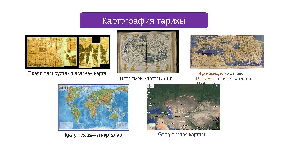 Картография тарихы Птолемей картасы ( II ғ.)Ежелгі папирустан жасалған карта Мұхаммед ал- Ыдырыс Роджер II - ге арнап жас