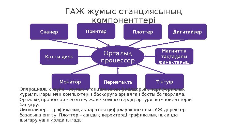 ГАЖ жұмыс станциясының компоненттері Сканер Принтер Плоттер Магниттік тақтадағы жинақтағышҚатты диск Монитор Пернетақта Тінт