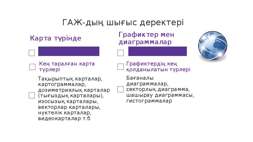 Карта түрінде Кең таралған карта түрлері Тақырыптық карталар, картограммалар, дозиметриялық карталар (тығыздық карталары),