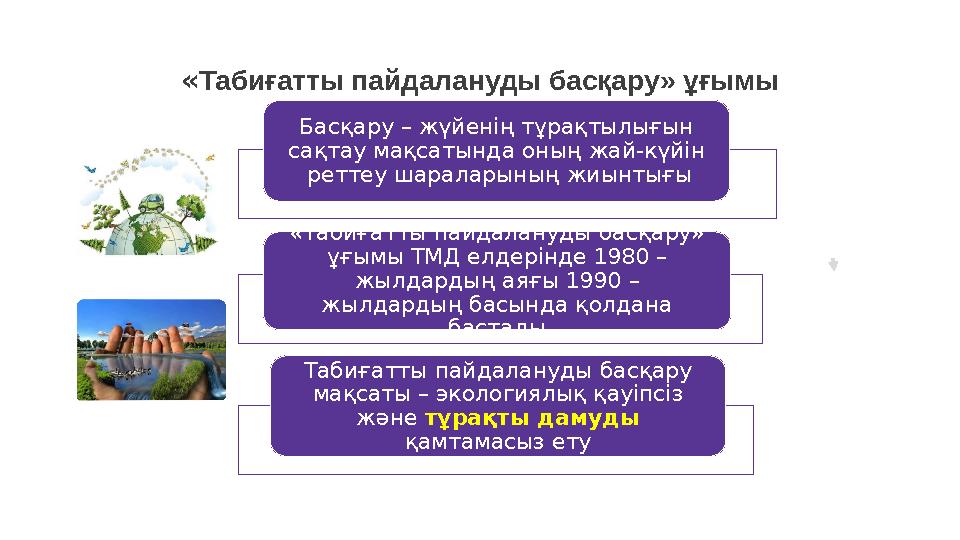 « Табиғатты пайдалануды басқару» ұғымы Басқару – жүйенің тұрақтылығын сақтау мақсатында оның жай-күйін реттеу шараларының жиы