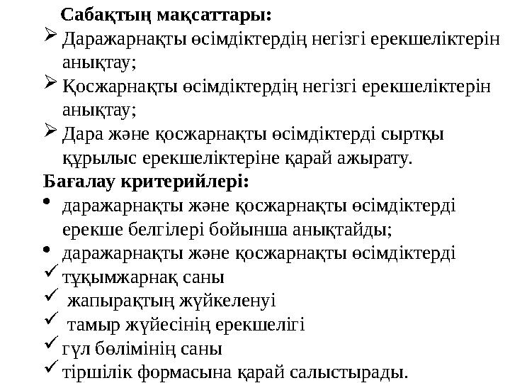 Сабақтың мақсаттары:  Даражарнақты өсімдіктердің негізгі ерекшеліктерін анықтау;  Қосжарнақты өсімдіктердің негізгі ерекшелі