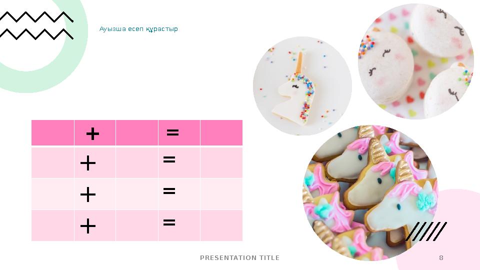 Ауызша есеп құрастыр P R E S E N TAT I O N T I T L E 8 + = + = + = + =