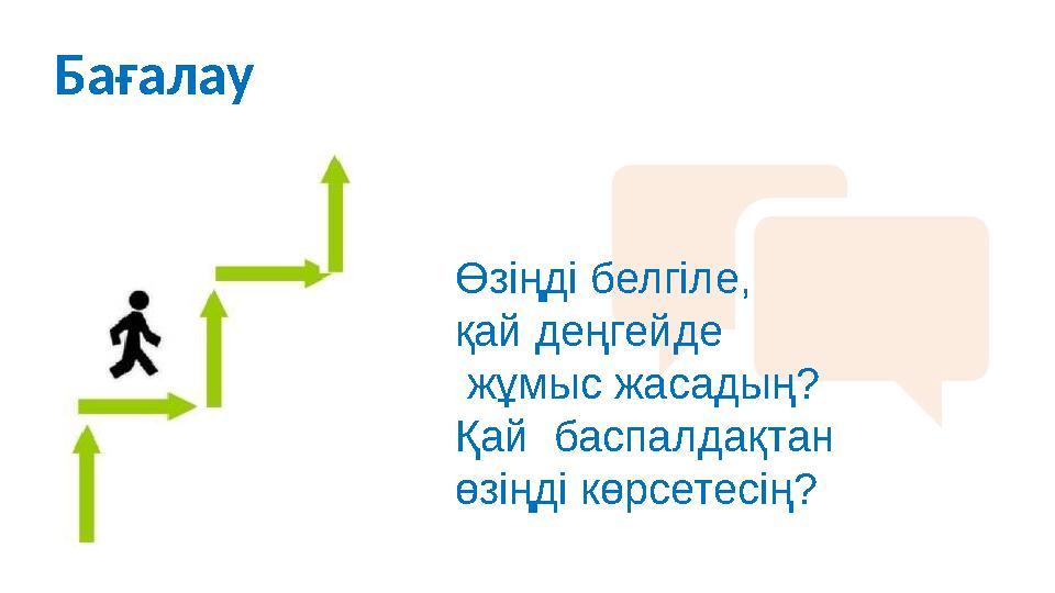 Бағалау Өзіңді белгіле, қай деңгейде жұмыс жасадың? Қай баспалдақтан өзіңді көрсетесің?