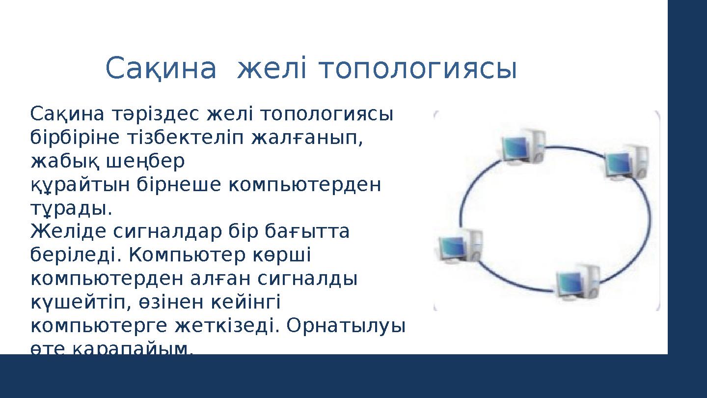 Сақина желі топологиясы Сақина тәріздес желі топологиясы бірбіріне тізбектеліп жалғанып, жабық шеңбер құрайтын бірнеше компью