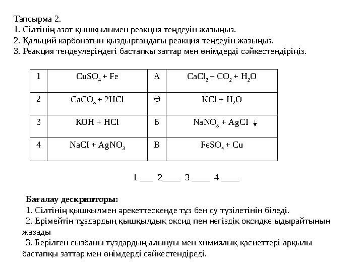 1 CuSO 4 + Fe А CaCl 2 + CO 2 + H 2 O 2 CaCO 3 + 2HCl Ә KCl + H 2 O 3 КОН + НСl Б NaNO 3 + AgCI 4 NaCI + AgNO 3 В FeSO 4