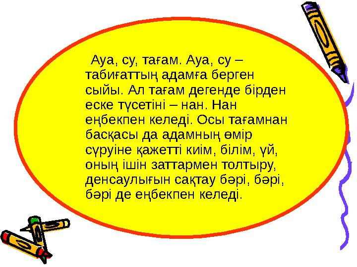 Ауа, су, тағам. Ауа, су – табиғаттың адамға берген сыйы. Ал тағам дегенде бірден еске түсетіні – нан. Нан еңбекпен