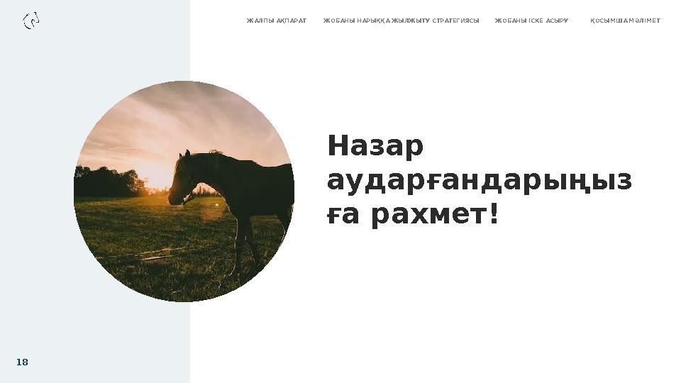 Назар аударғандарыңыз ға рахмет! 18 ЖАЛПЫ АҚПАРАТ ЖОБАНЫ НАРЫҚҚА ЖЫЛЖЫТУ СТРАТЕГИЯСЫ ЖОБАНЫ ІСКЕ АСЫРУ ҚОСЫМША МӘЛІМЕТ