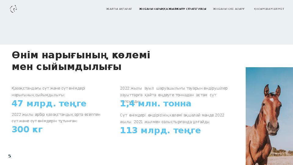 Өнім нарығының көлемі мен сыйымдылығы 5 Қазақстандағы сүт және сүт өнімдері нарығының сыйымдылығы: 47 млрд. теңге 2022 жылы