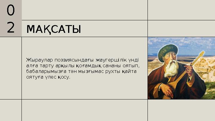 МАҚСАТЫ Жыраулар поэзиясындағы жаугершілік үнді алға тарту арқылы қоғамдық сананы оятып, бабаларымызға тән мызғымас рухты қайт