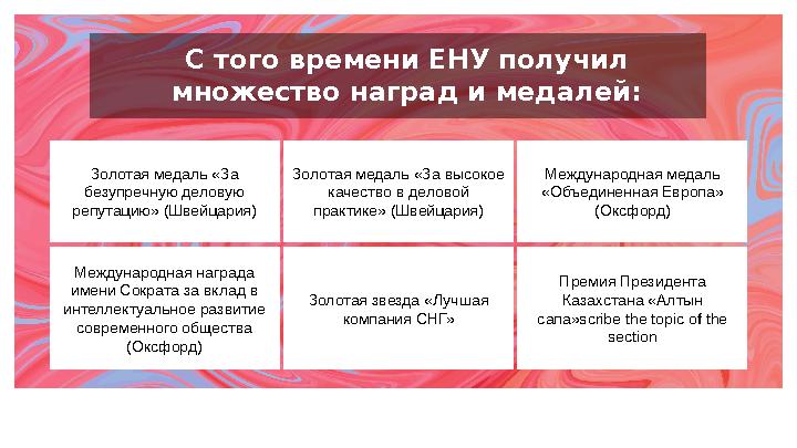 С того времени ЕНУ получил множество наград и медалей: Международная награда имени Сократа за вклад в интеллектуальное развит