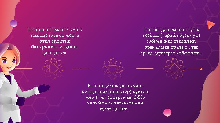 Екінші дәрежедегі күйік кезінде (көпіршіктер) күйген жер этил спитрі мен 3-5% калий пермонганатымен сүрту қажет . Үшінші д