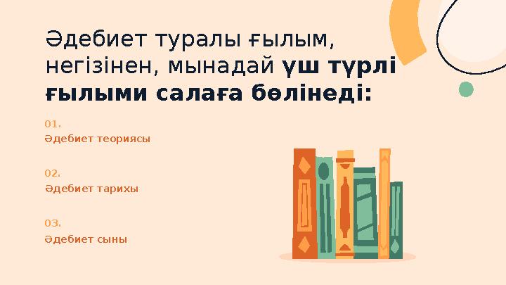 Әдебиет теориясы01. Әдебиет тарихы02. Әдебиет сыны03. Әдебиет туралы ғылым, негізінен, мынадай үш түрлі ғылыми салаға бөлінед
