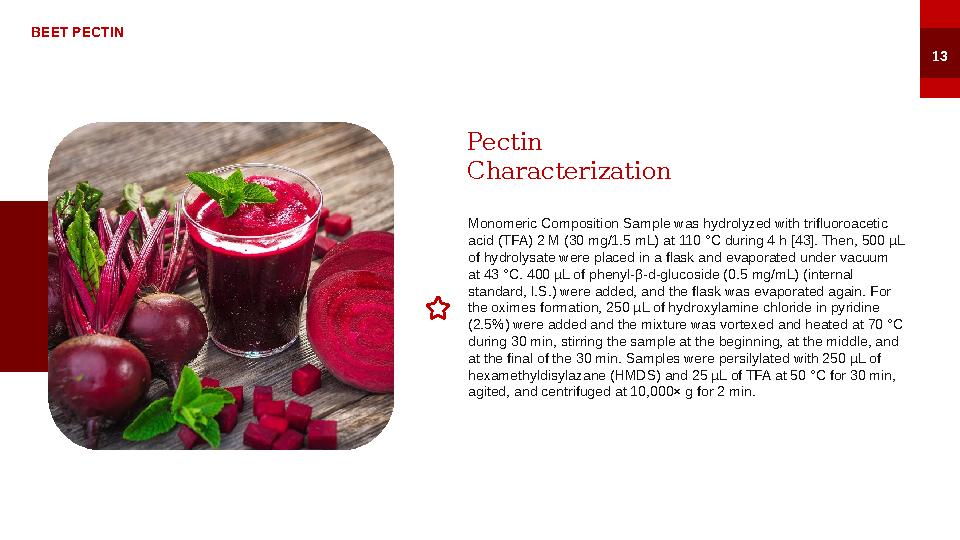 BEET PECTIN 13 Monomeric Composition Sample was hydrolyzed with trifluoroacetic acid (TFA) 2 M (30 mg/1.5 mL) at 110 °C during