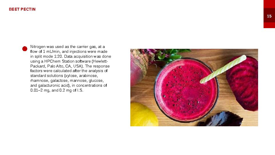 BEET PECTIN 15 Nitrogen was used as the carrier gas, at a flow of 1 mL/min, and injections were made in split mode 1:20. Data