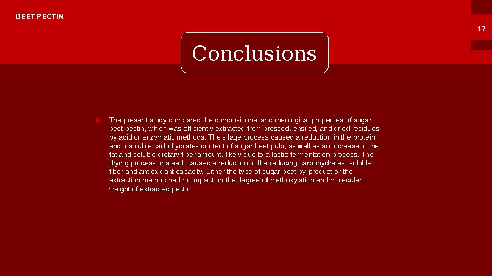 BEET PECTIN Conclusions The present study compared the compositional and rheological properties of sugar beet pectin, which was