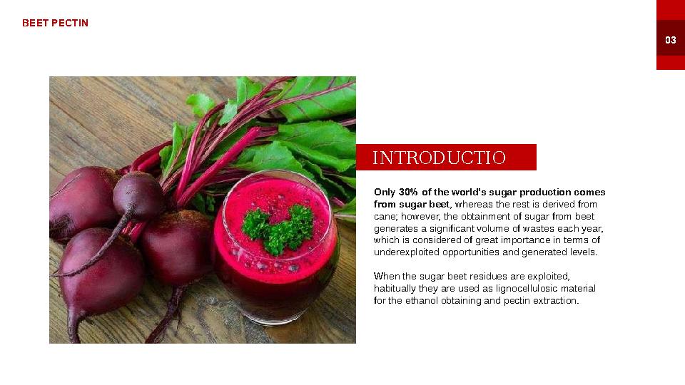 BEET PECTIN 0 3 Only 30% of the world’s sugar production comes from sugar beet , whereas the rest is derived from cane; howeve