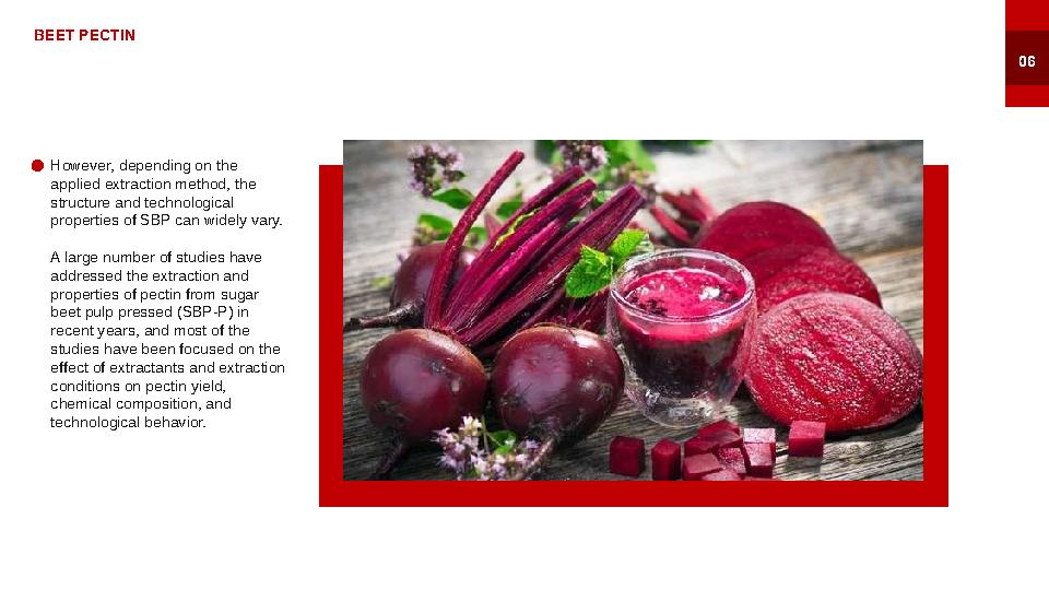 BEET PECTIN 06 However, depending on the applied extraction method, the structure and technological properties of SBP can wid