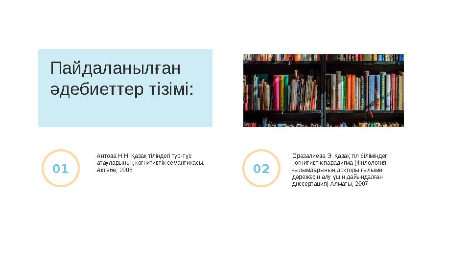Аитова Н.Н. Қазақ тіліндегі түр-түс атауларының когнитивтік семантикасы. Ақтөбе, 2006 01 Оразалиева Э. Қазақ тіл біліміндегі к