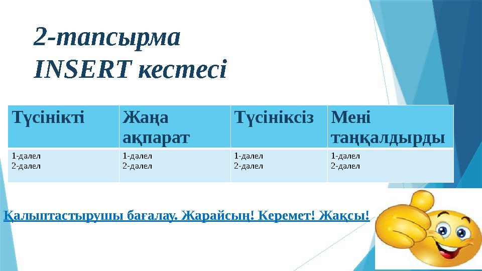 2-тапсырма INSERT кестесі Түсінікті Жаңа ақпарат Түсініксіз Мені таңқалдырды 1-дәлел 2-дәлел 1-дәлел 2-дәлел 1-дәлел 2-дәлел