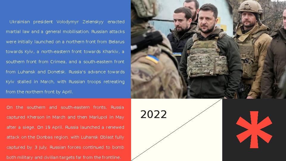 Ukrainian president Volodymyr Zelenskyy enacted martial law and a general mobilisation. Russian attacks were in