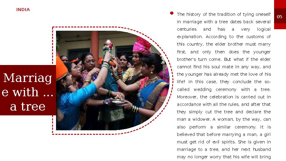 INDIA Marriag e with ... a tree The history of the tradition of tying oneself in marriage with a tree dates back