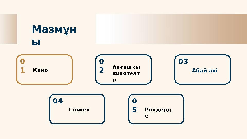 Мазмұн ы 0 2 Алғашқы кинотеат р0 1 Кино 03 Абай әні 0 5 Рөлдерд е04 Сюжет
