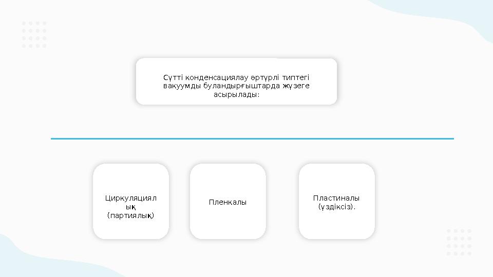 Сүтті конденсациялау әртүрлі типтегі вакуумды буландырғыштарда жүзеге асырылады: Циркуляциял ық (партиялық) Пленкалы Пластина