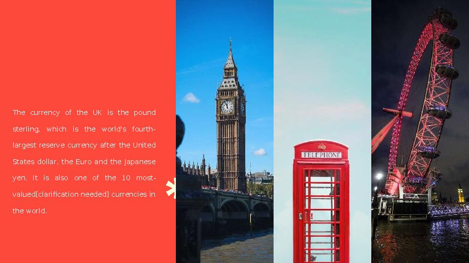 The currency of the UK is the pound sterling, which is the world's fourth- largest reserve currency after the