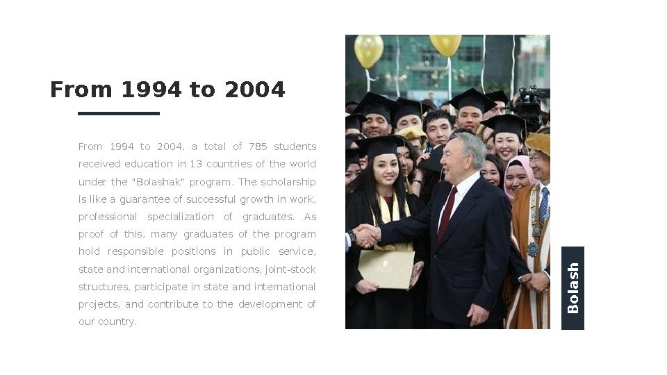 From 1994 to 2004, a total of 785 students received education in 13 countries of the world under the "Bolasha