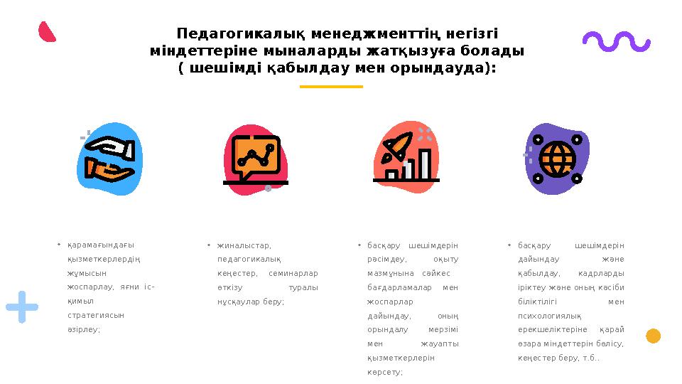 • қарамағындағы қызметкерлердің жұмысын жоспарлау, яғни іс- қимыл стратегиясын әзірлеу; • жиналыстар, педагогикалық кең