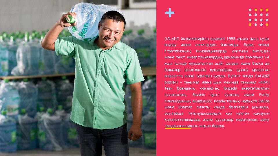 GALANZ бөтелкелерінің қызметі 1998 жылы ауыз суды өндіру және жеткізуден басталды. Бірақ тиімді стратегияның, инно