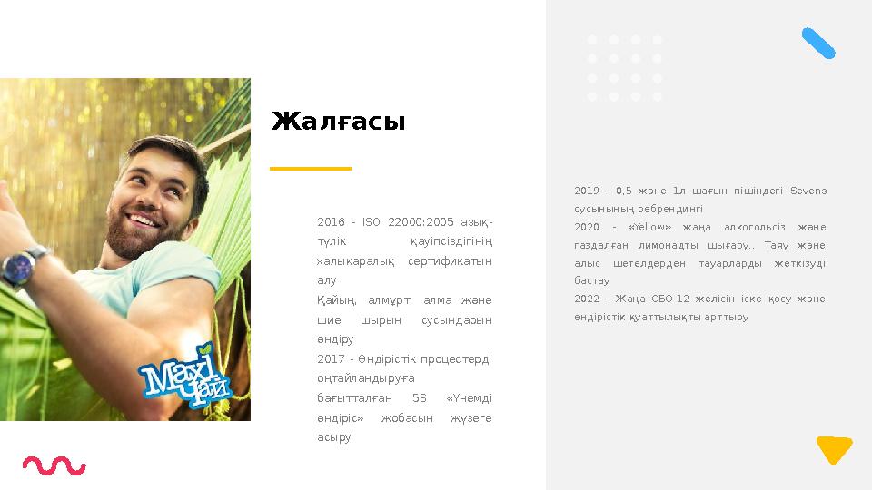 2019 - 0,5 және 1л шағын пішіндегі Sevens сусынының ребрендингі 2020 - « Yellow » жаңа алкогольсіз және газдалған