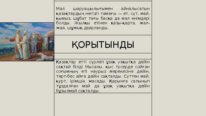 ҚОРЫТЫНДЫ Қазақтар етті сүрлеп ұзақ уақытқа дейін сақтай білді Мысалы, қыс түсерде сойған соғымның еті наурыз мер