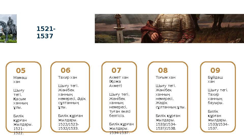 1521- 1537 05 Мамаш хан Шығу тегі. Қасым ханның ұлы. Билік құрған жылдары. 1521- 1522. 06 Тахир хан Шығу тегі. Жәнібек