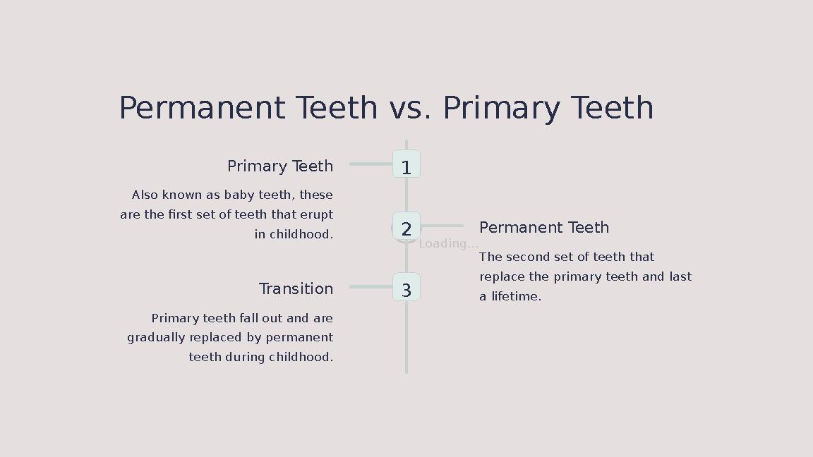 Loading...Permanent Teeth vs. Primary Teeth 1Primary Teeth Also known as baby teeth, these are the first set of teeth that erup