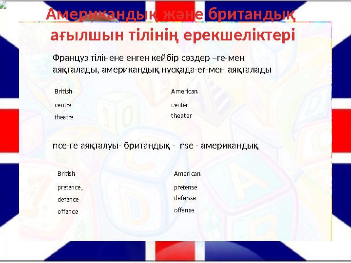 Американдық және британдық ағылшын тілінің ерекшеліктері Француз тілінене енген кейбір сөздер –re-мен аяқталады, американдық