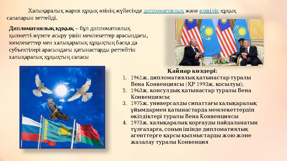 Халықаралық жария құқық өзінің жүйесінде дипломатиялық және елшілік құқық салаларын зеттейді. Дипломатиялық құқық – бұл д