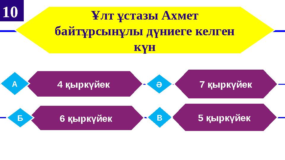 Ұлт ұстазы Ахмет байтұрсынұлы дүниеге келген күн 4 қыркүйекА 7 қыркүйекӘ 6 қыркүйекБ 5 қыркүйекВ10